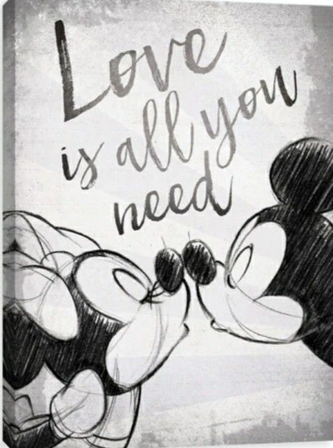 mickey and minnie kissing each other with the words love is all you need