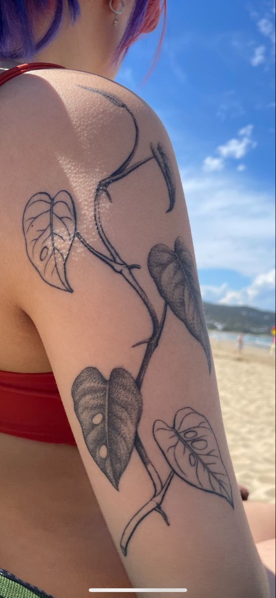 Shaded Vine Tattoo, Different Tattoo Shading Styles, Plant Tattoo Women, Unique Plant Tattoo Designs, Realistic Plant Tattoo, Adansonii Tattoo, Upper Back Of Arm Tattoo, Shading Only Tattoo, Three Women Tattoo