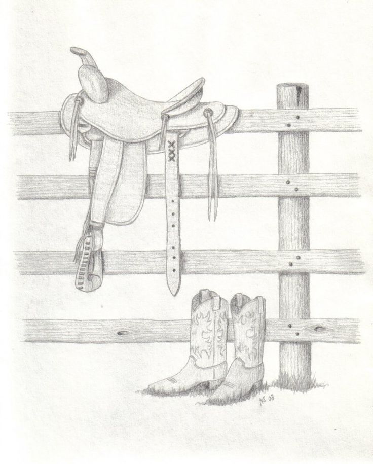 a pencil drawing of a cowboy's boot and boots hanging on a wooden fence