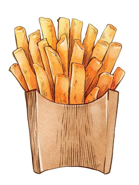 french fries are in a paper bag on a white background, watercolor and ink