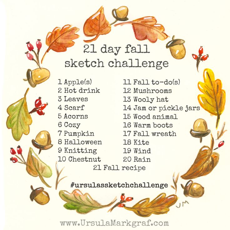 the 21 day fall sketch challenge is shown with leaves and acorns around it