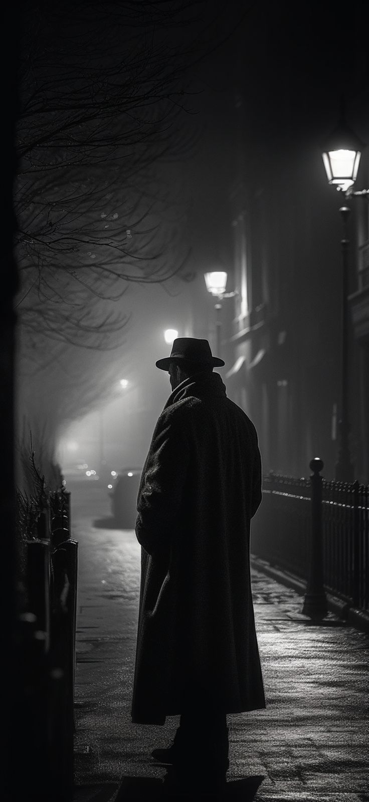 a man in a coat and hat standing on a sidewalk at night with street lights