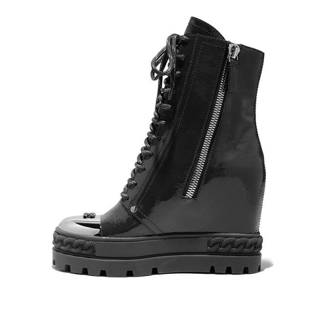 Heel Type: Height IncreasingBoot Type: Modern BootsShaft Material: Patent LeatherUpper Material: Patent LeatherBoot Height: ANKLEToe Shape: Round ToeItem Type: BootsHeel Height: Super High (8cm-up)With Platforms: YesPlatform Height: 3-5cmClosure Type: Buckle StrapFit: Fits true to size, take your normal size Edgy High-top Wedge Boots With Lug Sole, Edgy High Ankle Patent Leather Boots, Edgy Patent Leather High Ankle Boots, Edgy High-top Boots With Vibram Sole, High Ankle Patent Leather Boots With Lug Sole, Edgy High-top Boots With Rubber Sole, Lace-up Patent Leather Boots With Lug Sole, High-top Platform Patent Leather Boots, Pointed Toe Boots With Lug Sole For Streetwear