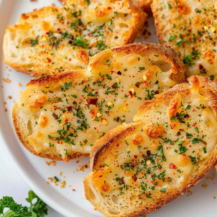 four pieces of garlic bread on a white plate with parsley sprinkled on top