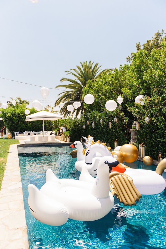 an inflatable swan and flamingos float out into the pool