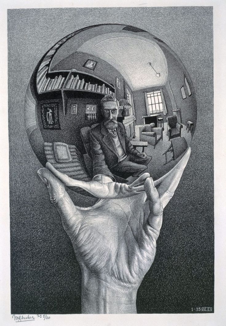 a drawing of a hand holding a mirror ball with a man's face in it