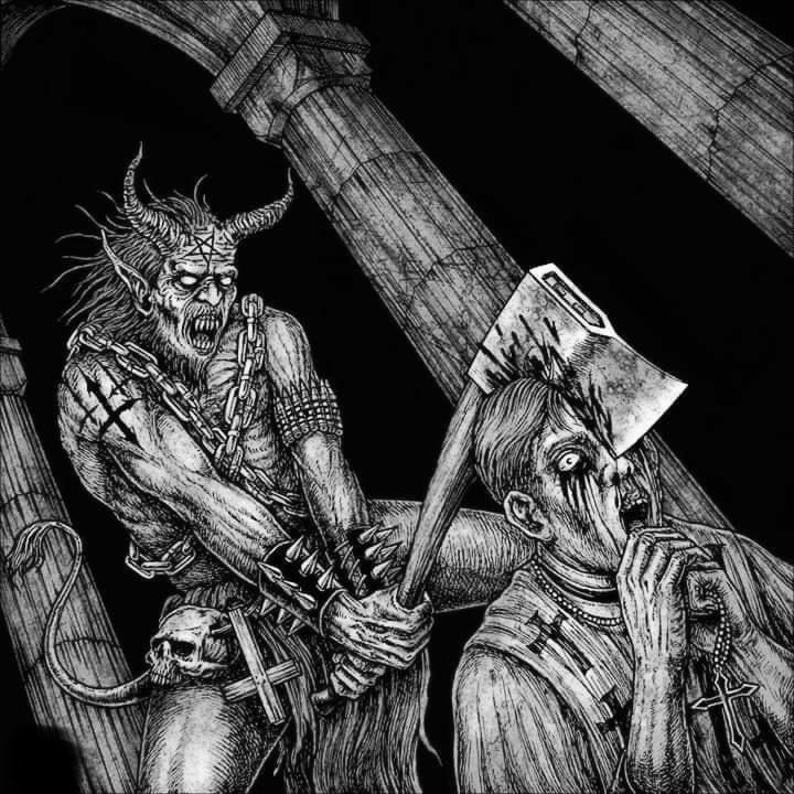 a black and white drawing of two demonic looking men holding an ax in their hands