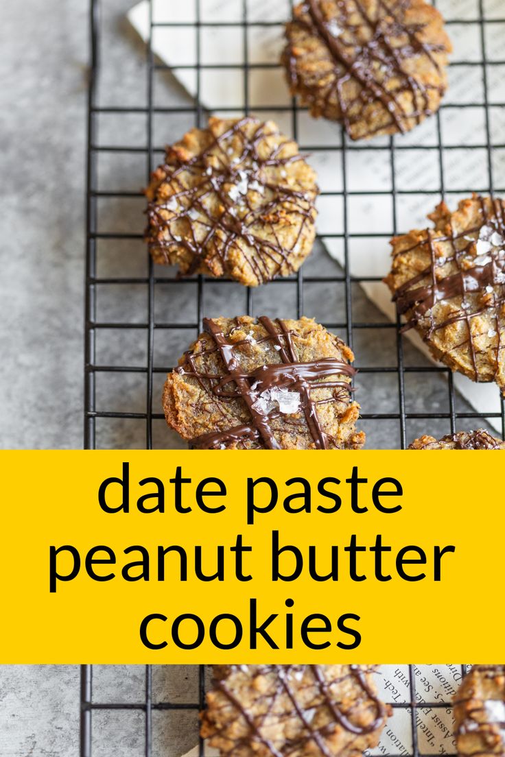 chocolate peanut butter cookies on a cooling rack with the words date pastee peanut butter cookies