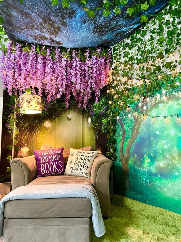 a bedroom decorated with purple flowers and greenery on the ceiling, along with a bed