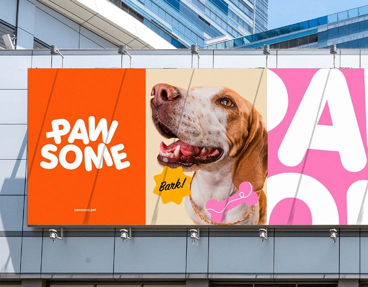 a large billboard with a dog on it's side in front of a building