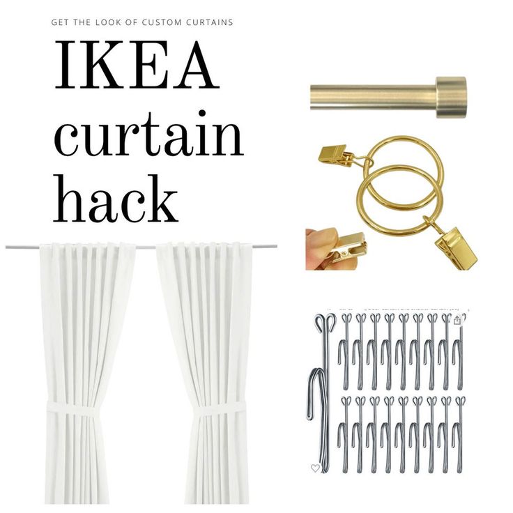 the ikea curtain hack is shown in gold and white, along with other accessories