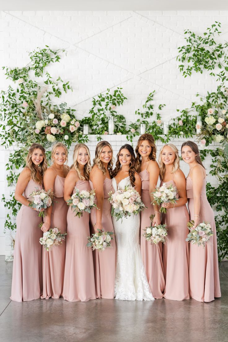 Blush bridesmaid dresses with white and green florals Blush Pink Bridesmaids, Blush Bridesmaids, Pink Wedding Theme, Bridesmaid Colors, Blush Bridesmaid Dresses, Blush Pink Weddings, Pink Bridesmaid Dresses, Dream Wedding Ideas Dresses, Wedding Theme Colors