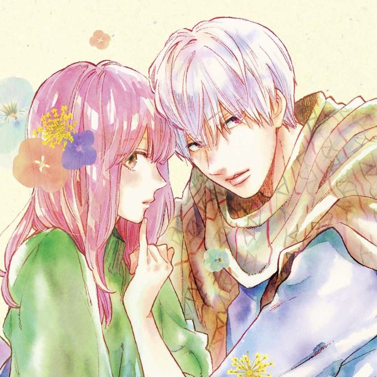 two anime characters with pink hair and green clothes, one is holding the other's hand