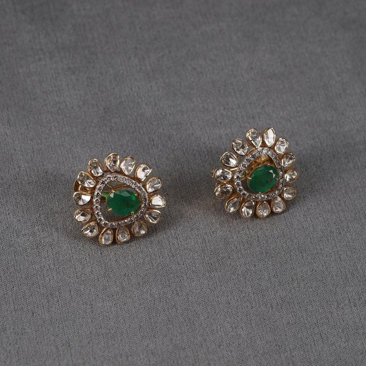 Nishika Diamond & Polki Studs Polki Drop Earrings, Green Studs Earrings, Victorian Polki Earrings, Gold Studs Earrings Indian Antiques, Diamond Earrings Studs Indian, Studs Earrings Gold India, Diamond Studs Indian, Polki Studs Earrings, Antique Earrings Studs