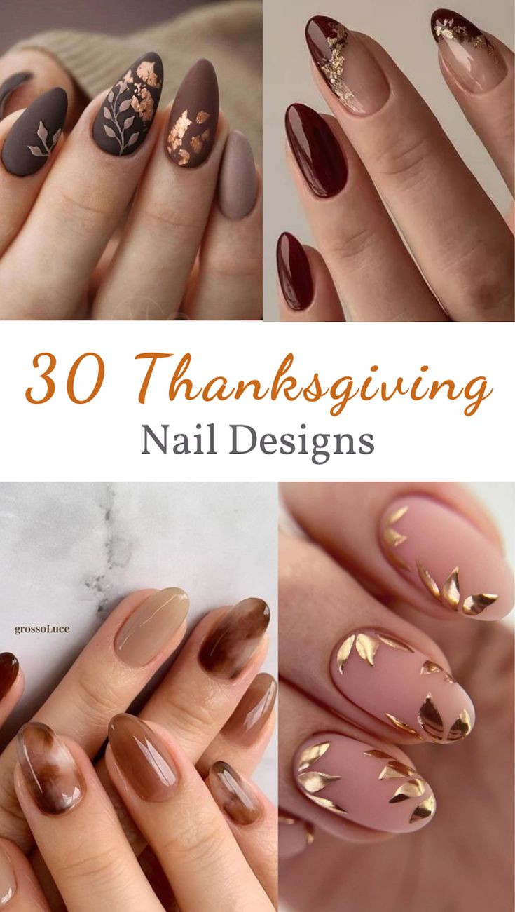 fall nail art inspiration perfect for Thanksgiving Nails For Thanksgiving And Christmas, Brown Nails With Gold Design, Christmas Picture Nails, Red And Brown Fall Nails, Christmas Thanksgiving Nails, Thanksgiving Gel Nails Colors, Holiday Nails Fall, Simple Thanksgiving Nail Designs, Fall Thanksgiving Nails 2023