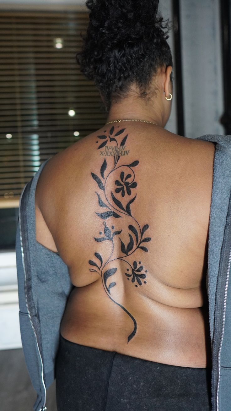 the back of a woman's body with tattoos on it