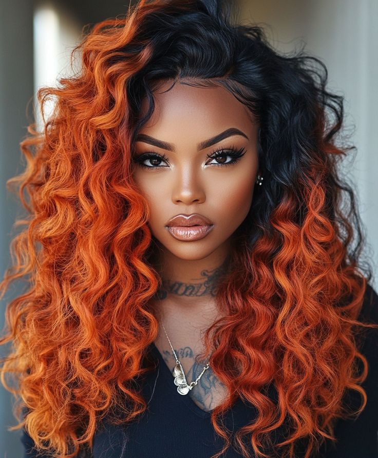 Gorgeous Ginger Ombre on Black Women's Curls 🌅 Ginger Hair Styles On Black Women, Fall Hair Styles Black Women, Ginger And Black Hair, Burnt Orange Hair, Orange Ombre Hair, Ginger Women, Braided Hairstyles For Black Women Cornrows, Haute Hair, Fall Hair Colors