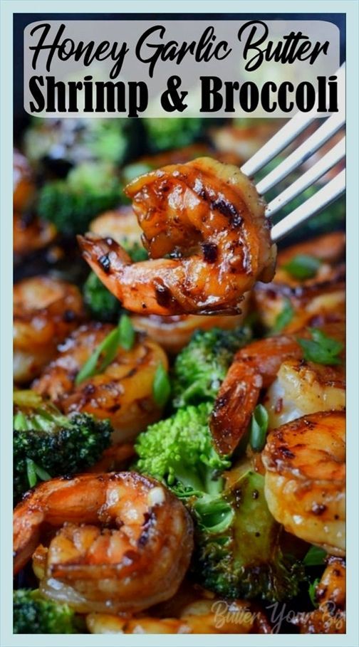 broccoli and shrimp are being served on a plate with the words honey garlic butter shrimp and broccoli