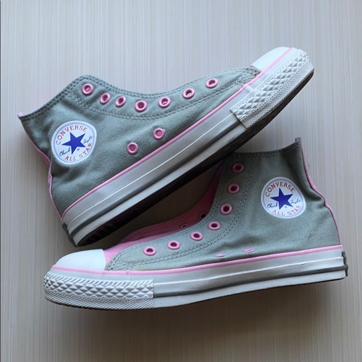 Nwot High Top Converse Sneakers Missing Laces Grey/Pink Original Box Casual Pink Sneakers, Pink High-top Casual Sneakers, Casual Pink High-top Sneakers For Spring, Pink Canvas Shoes With Rubber Sole And Round Toe, Pink Casual Sneakers With Round Toe, Casual Pink Canvas Shoes With Rubber Sole, Trendy Pink Canvas Shoes With Vulcanized Sole, Comfortable Pink Sports Sneakers, Cute Non-slip Sneakers For School