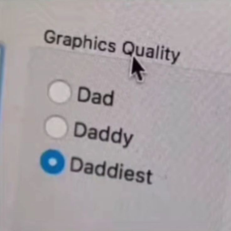 a computer screen with the words graphics quality and dad's daddy in blue on it