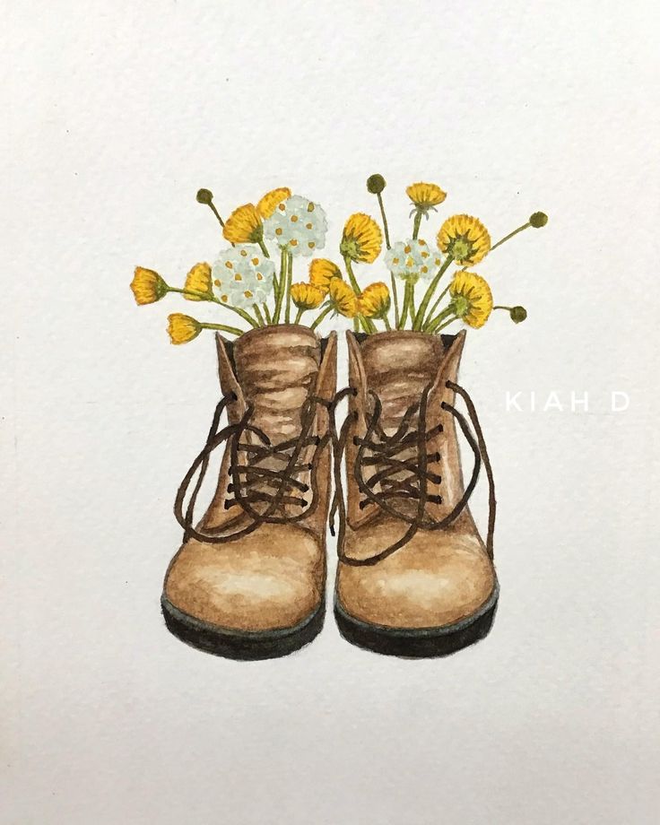 a painting of a pair of boots with flowers in them