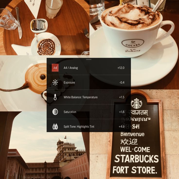 a collage of photos with coffee and other items