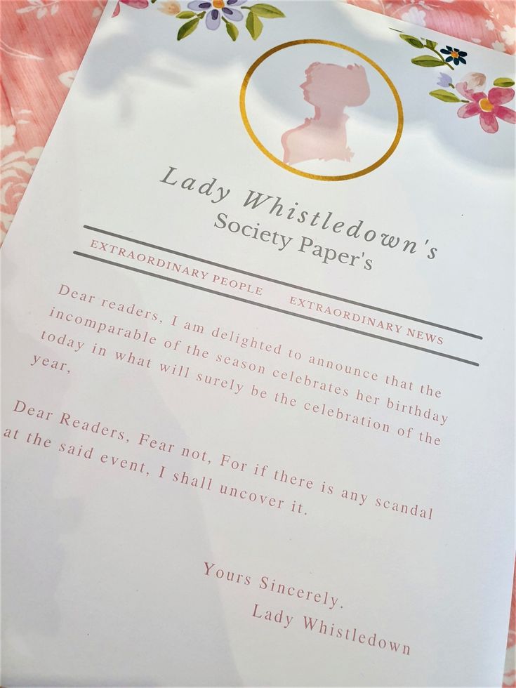 the lady whistledown's secret papers is open on a pink and white tablecloth