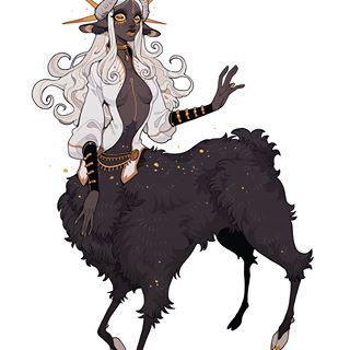 a drawing of a woman riding on the back of a black goat with long white hair