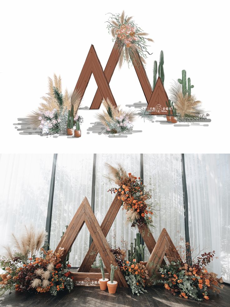 three wooden frames with flowers and plants in them