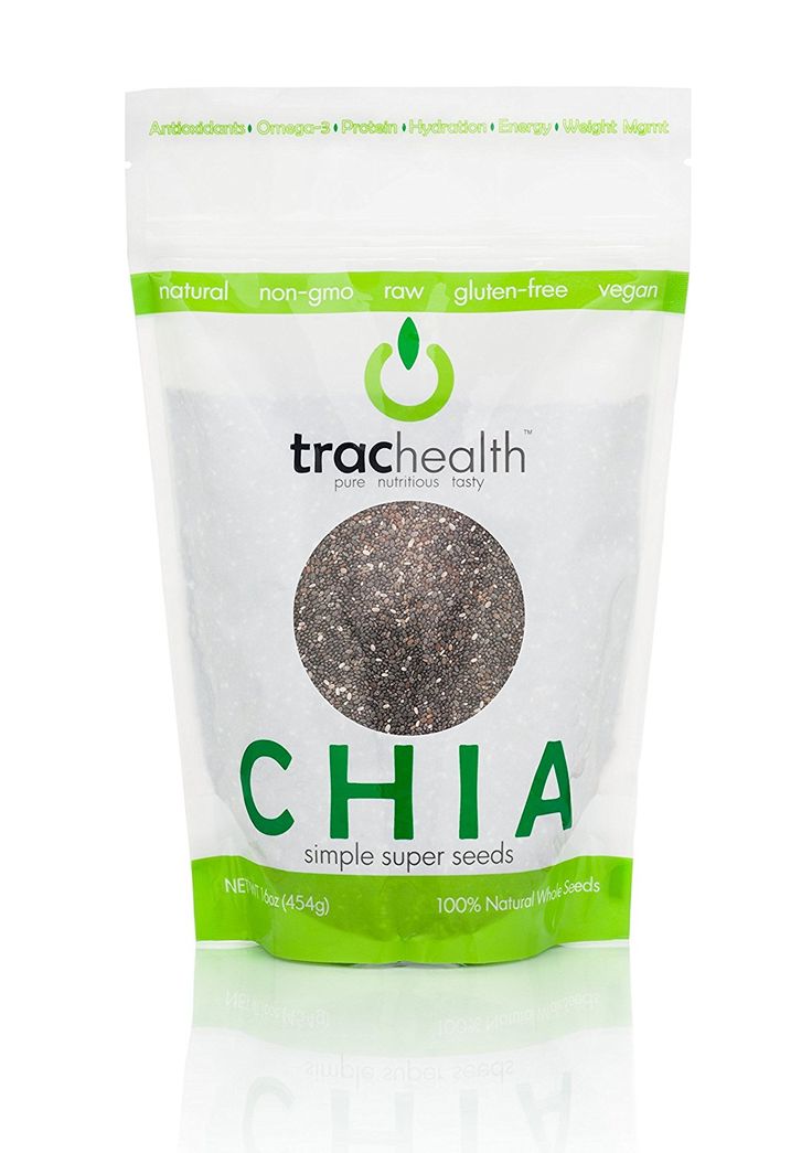 a bag of chia seeds on a white background