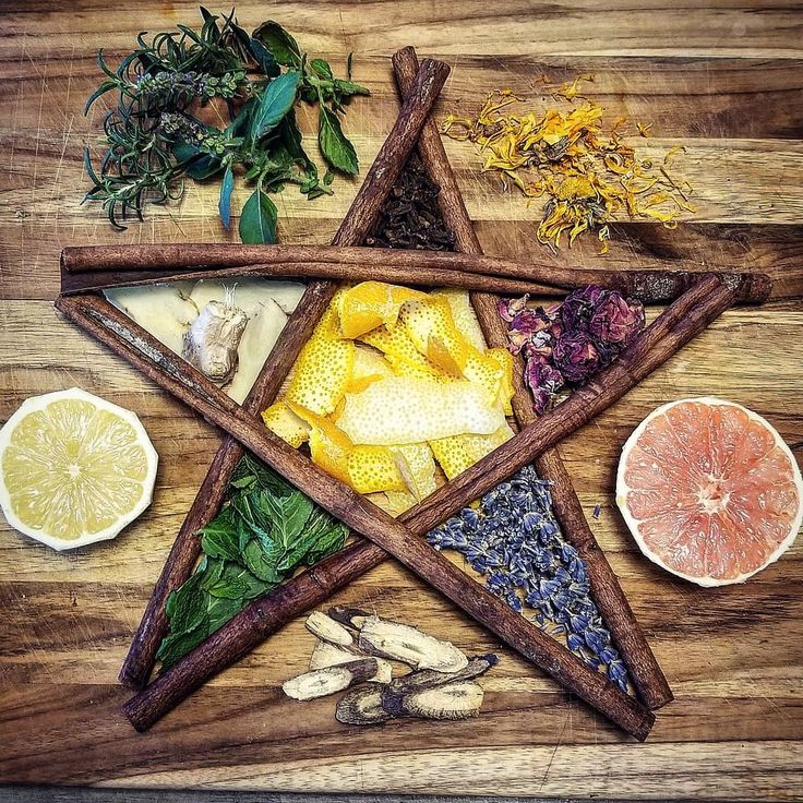 the star of david surrounded by herbs, lemons, and other ingredients on a wooden table