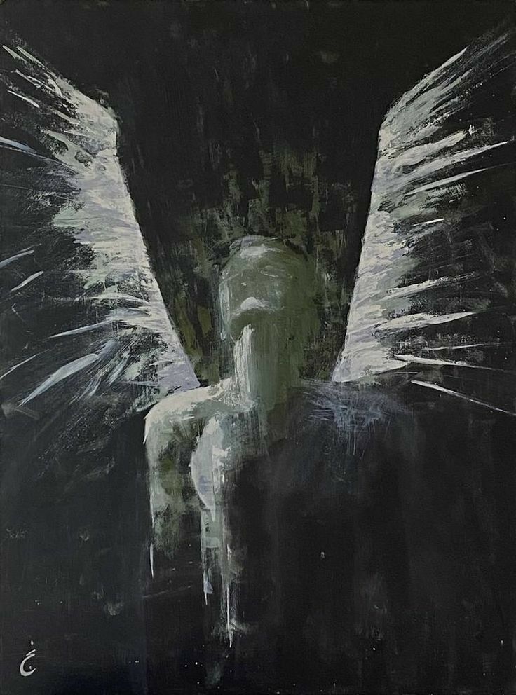 an abstract painting with white angel wings on a black and green background, in the dark