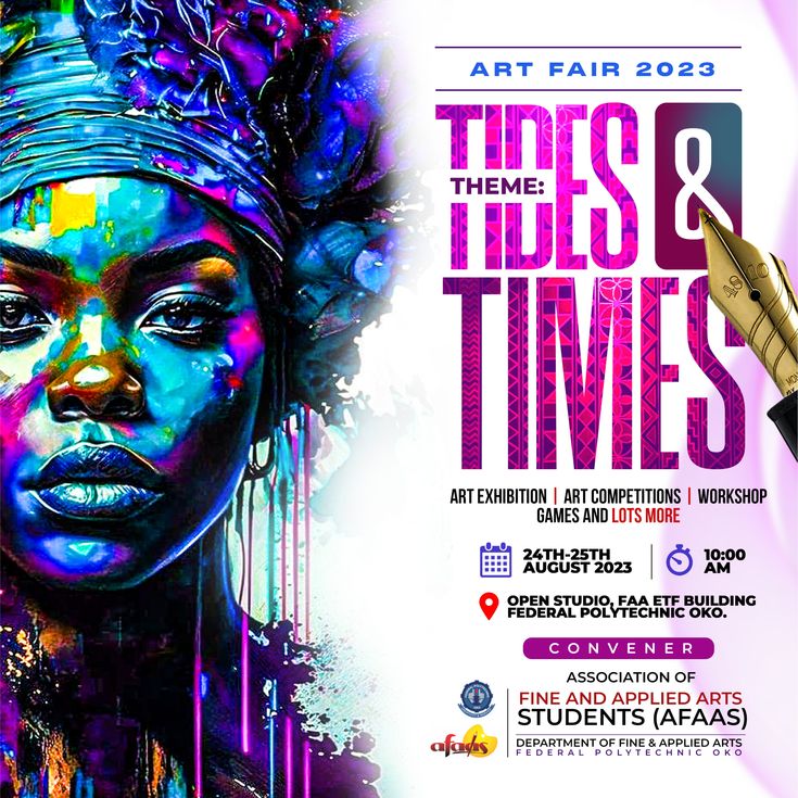 an advertisement for the art fair with a woman's face painted in bright colors