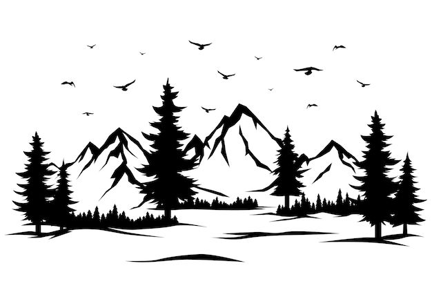 a black and white silhouette of trees with birds flying over them