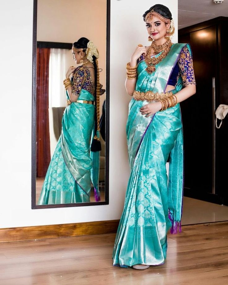 Blue Saree Engagement Look, Wedding Saree Colour Combinations, Blue Colour Saree With Contrast Blouse, Sky Blue Pattu Saree Wedding, Sky Blue Saree Contrast Blouse Colour, Blue Pattu Saree Wedding, Sky Blue Saree Blouse Combination, Pattu Saree Colour Combinations, Sky Blue Colour Saree