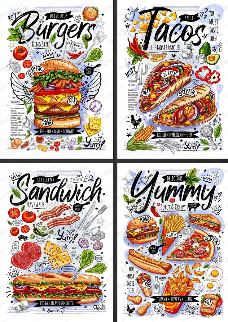 four different types of food are shown in this drawing style poster set with the words burgers, sandwiches and gummy written on them