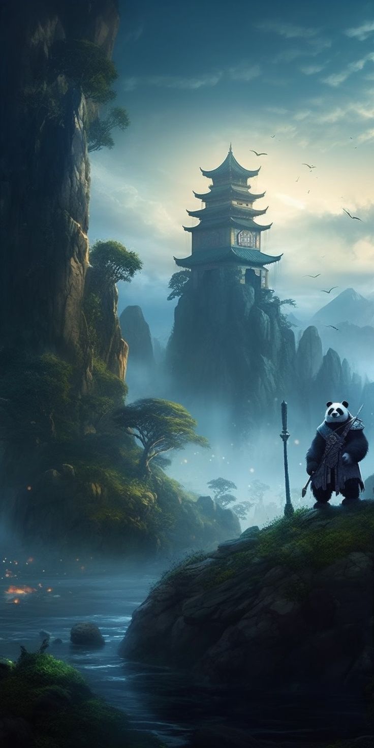 a panda standing on top of a hill next to a river