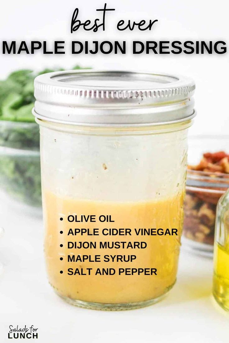 the best homemade maple dijon dressing recipe in a mason jar with text overlay