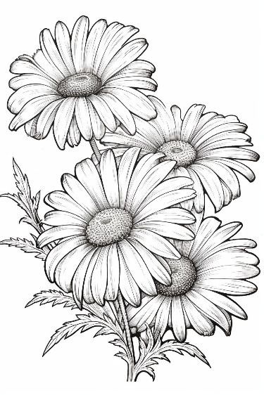 three daisies are shown in black and white, with one flower on the side