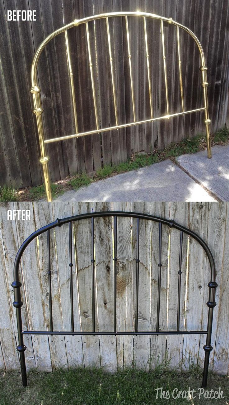 before and after photos of an old metal bed frame that has been turned into a headboard