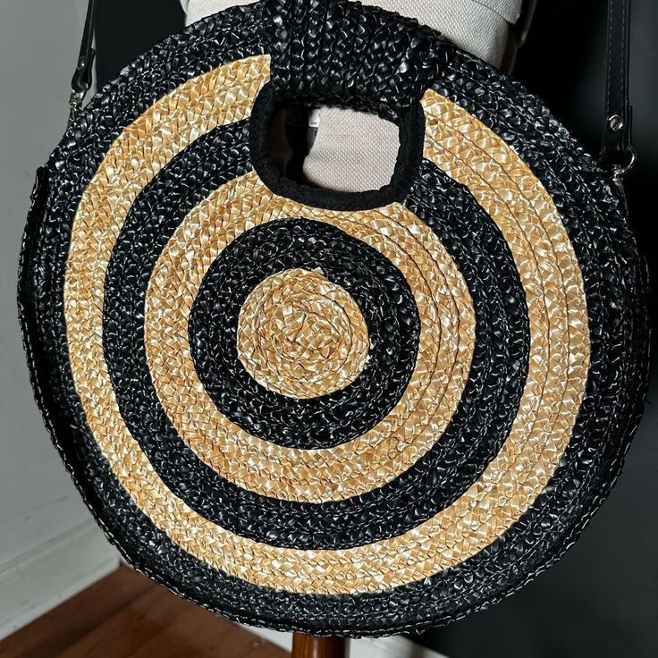 Southbeach Round Black/Tan Straw Bag Never Worn But No Tags Detachable Strap Cloth Inner Medium/Large Size Black Straw Bag For Beach Season Vacation, Trendy Black Straw Bag For Beach Season, Black Summer Vacation Straw Bag, Summer Black Straw Beach Bag, Summer Black Shoulder Bag For Beach Season, Casual Black Beach Bag, Black Rectangular Straw Bag For Beach, Black Summer Straw Tote Bag, Black Straw Bag For Vacation