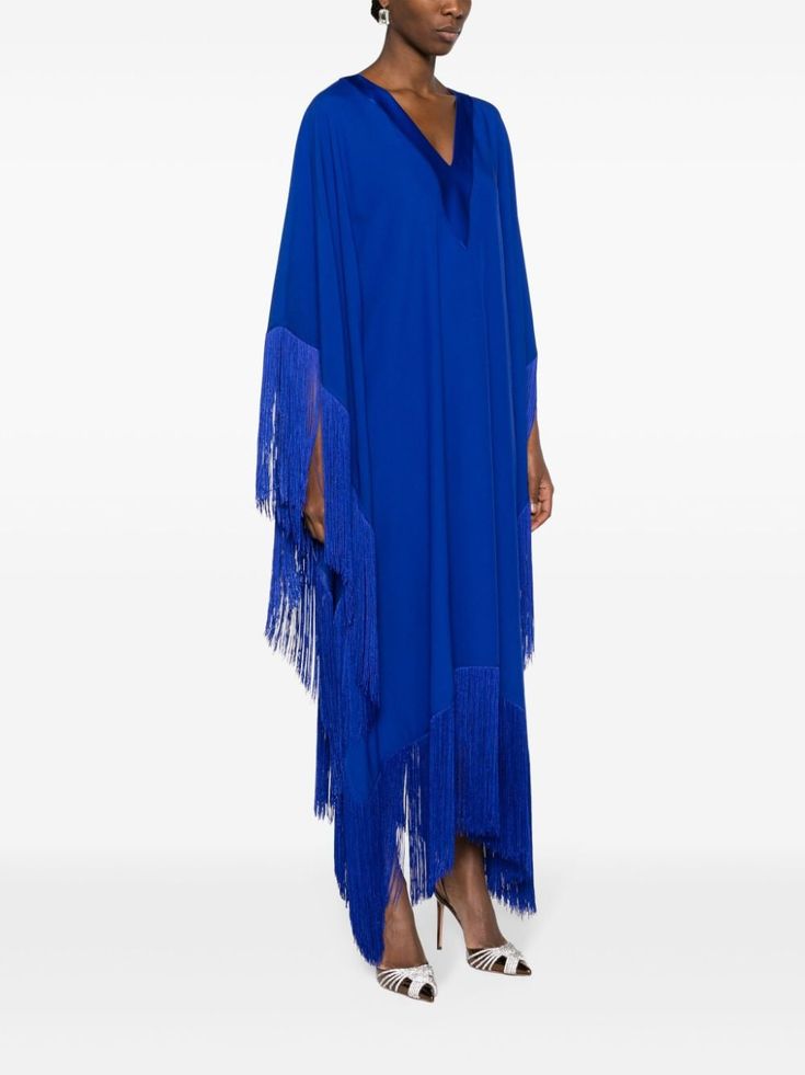 Find TALLER MARMO Very Rs Fringed Kaftan Dress on Editorialist. royal blue crepe texture satin trim fringe detailing kaftan silhouette plunging V-neck long draped sleeves V-back asymmetric hem long length unlined Fringe Kaftan Dress, Evening Kaftan With Tassels, Blue V-neck Kaftan For Party, Royal Blue Long Kaftan, Blue Formal Kaftan, Elegant Blue Kaftan For Formal Occasions, Traditional Blue Kaftan For Evening, Traditional Blue Evening Kaftan, Blue V-neck Kaftan For Evening