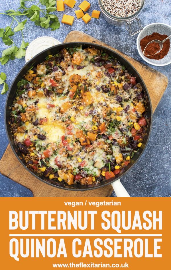 a skillet with butternut squash and quinoa casserole in it