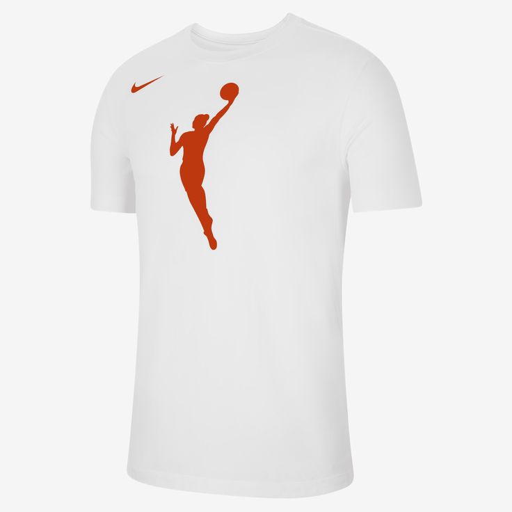 a white t - shirt with an orange basketball player silhouette on the front and back