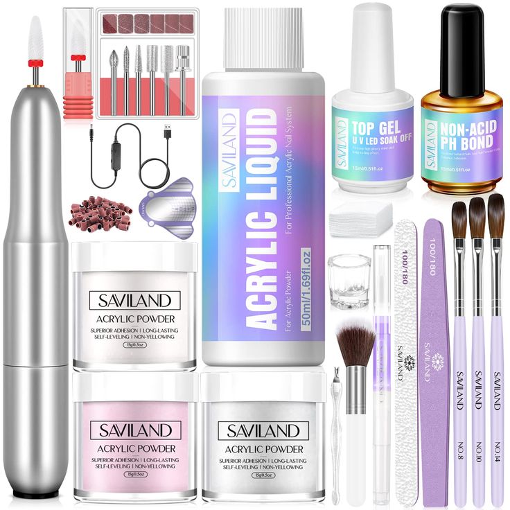 PRICES MAY VARY. 【Acrylic Nail Kit For Beginners】Saviland acrylic nail kit comes with clear/white/pink acrylic powder, an electric nail drill kit, 1*50ml acrylic liquid, 1*glass dappen dish, 1*acid-free PH bond, 1*no wipe top coat, acrylic nail brush (8/10/12) with different functions, 2pcs nail tools (nail file & buffer) and 100pcs nail forms and to meet the nail art needs, includes everything you need to get started acrylic nail art. This nail kit is compatible with gel nail polish and dip powder nail kit 【Premium Acrylic Powder and Liquid Set】Saviland acrylic nail powder is ultra-fine, the acrylic liquid contains UV stabilizers to ensure color clarity and prevent yellowing or darkening. Can be used for nail extensions and carving, 3D manicures, French manicures and decoration of natural Pink Acrylic Powder, Dappen Dish, Acrylic Nail Supplies, Acrylic Nail Powder, Acrylic Nail Brush, Acrylic Nail Set, Acrylic Liquid, Gel Acrylic Nails, Diy Acrylic Nails