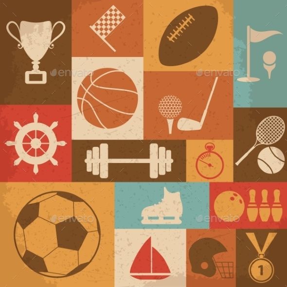 an old poster with various sports related items on it - miscellaneous objects / art print