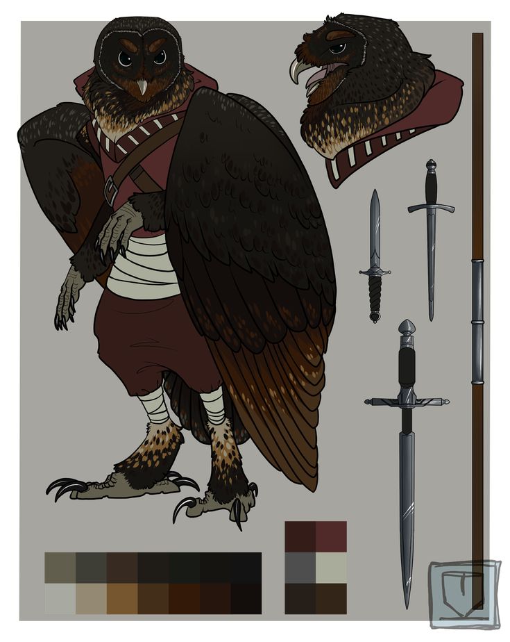 an owl is standing next to two swords