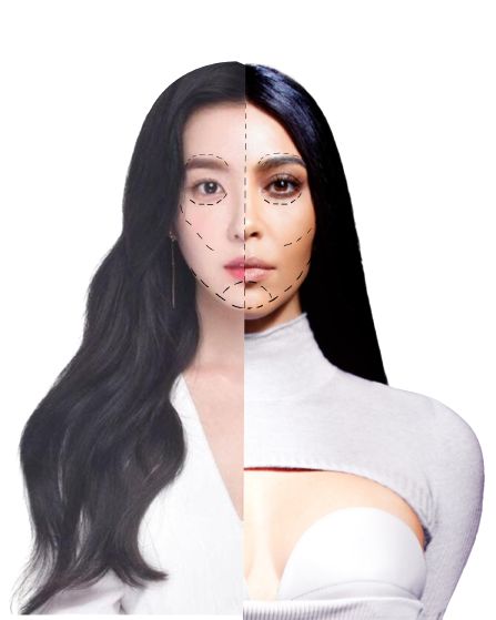 a woman with long black hair is shown before and after her plastic surgery