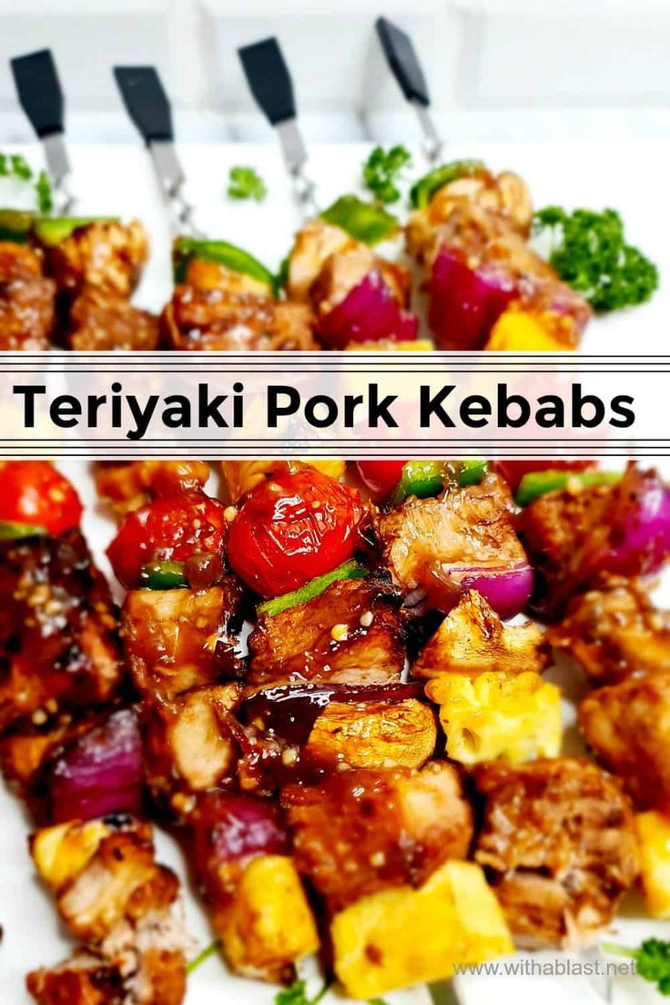 there is a white plate with food on it and the words teriyaki pork kebabs