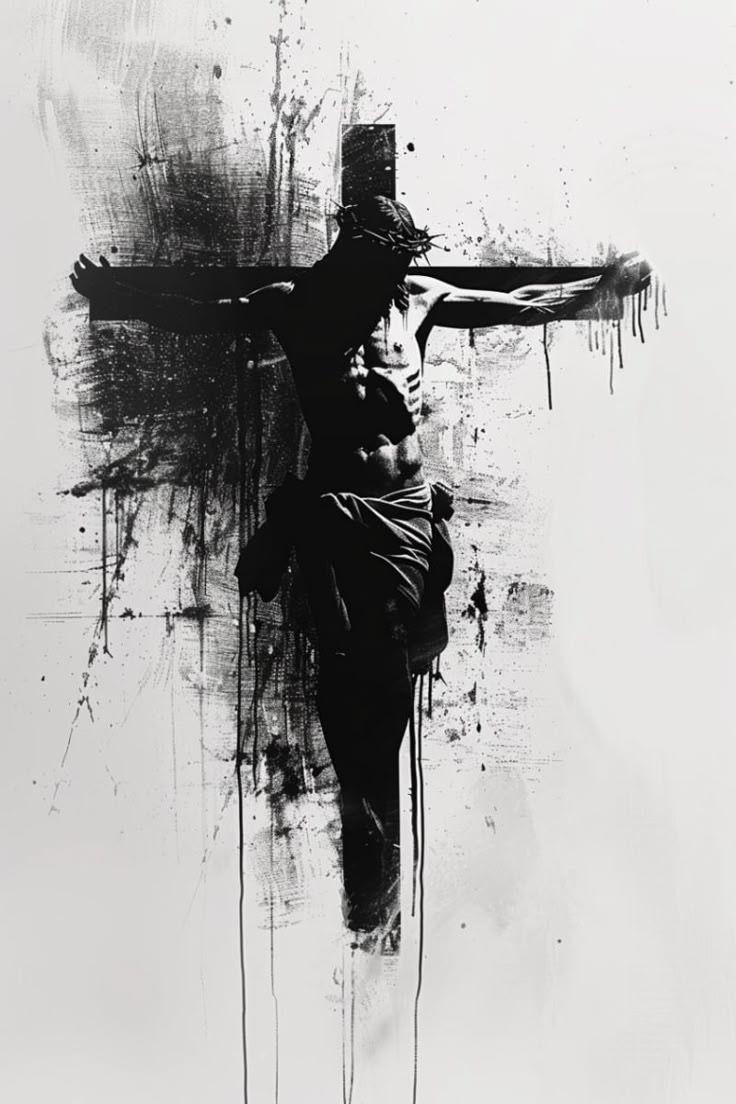 a black and white photo of a woman holding a cross with paint splatters on it